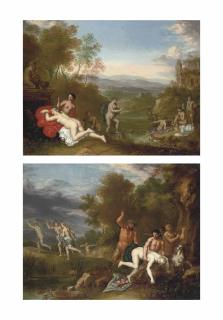 Daniel Vertangen - A Wooded River Landscape With Diana And Her Nymphs Bathing; And A Wooded River Landscape With A Nymph Being Chastened By A Satyr