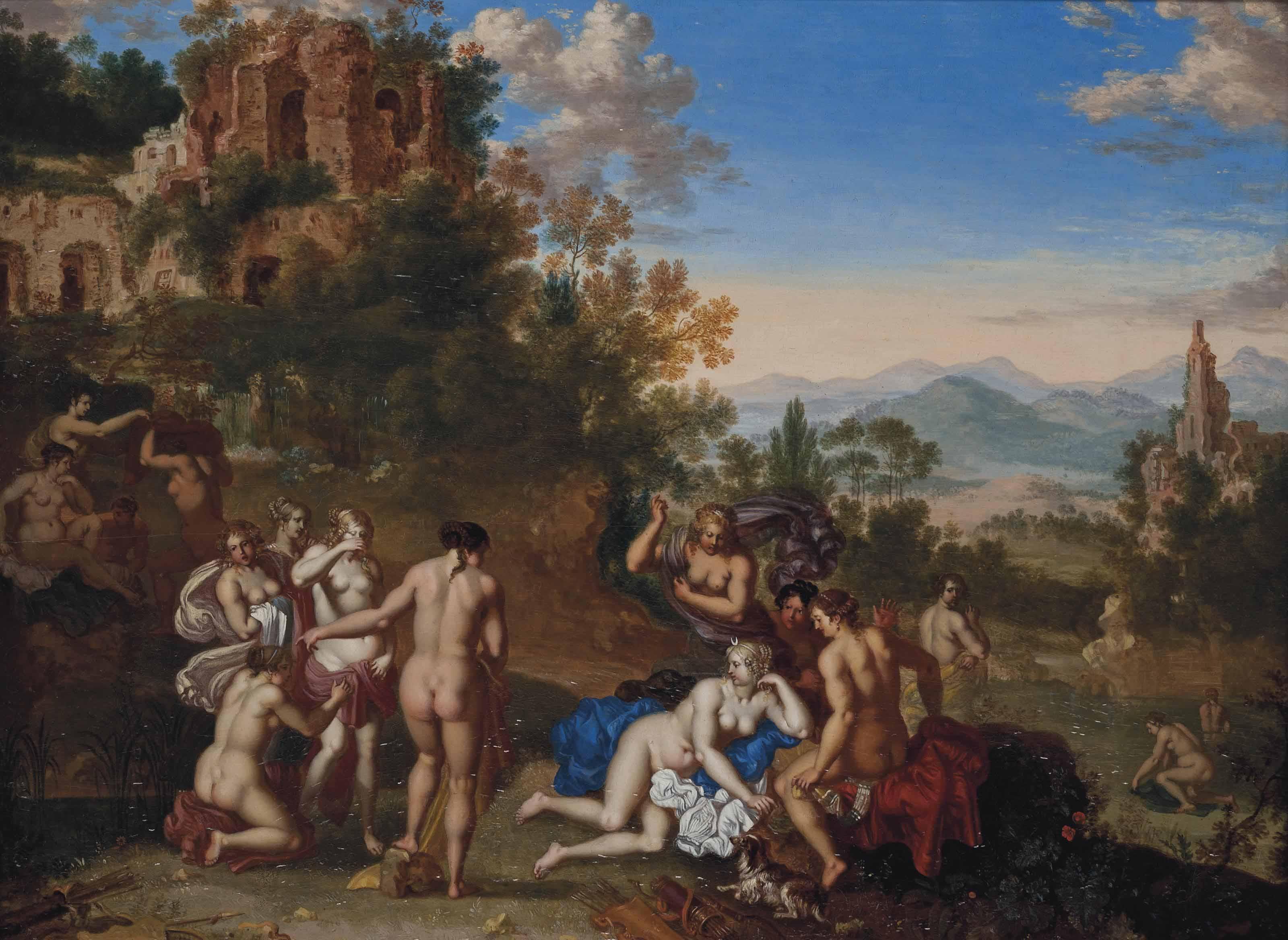 Daniel Vertangen - Diana Surrounded By Nymphs In A Classical Landscape