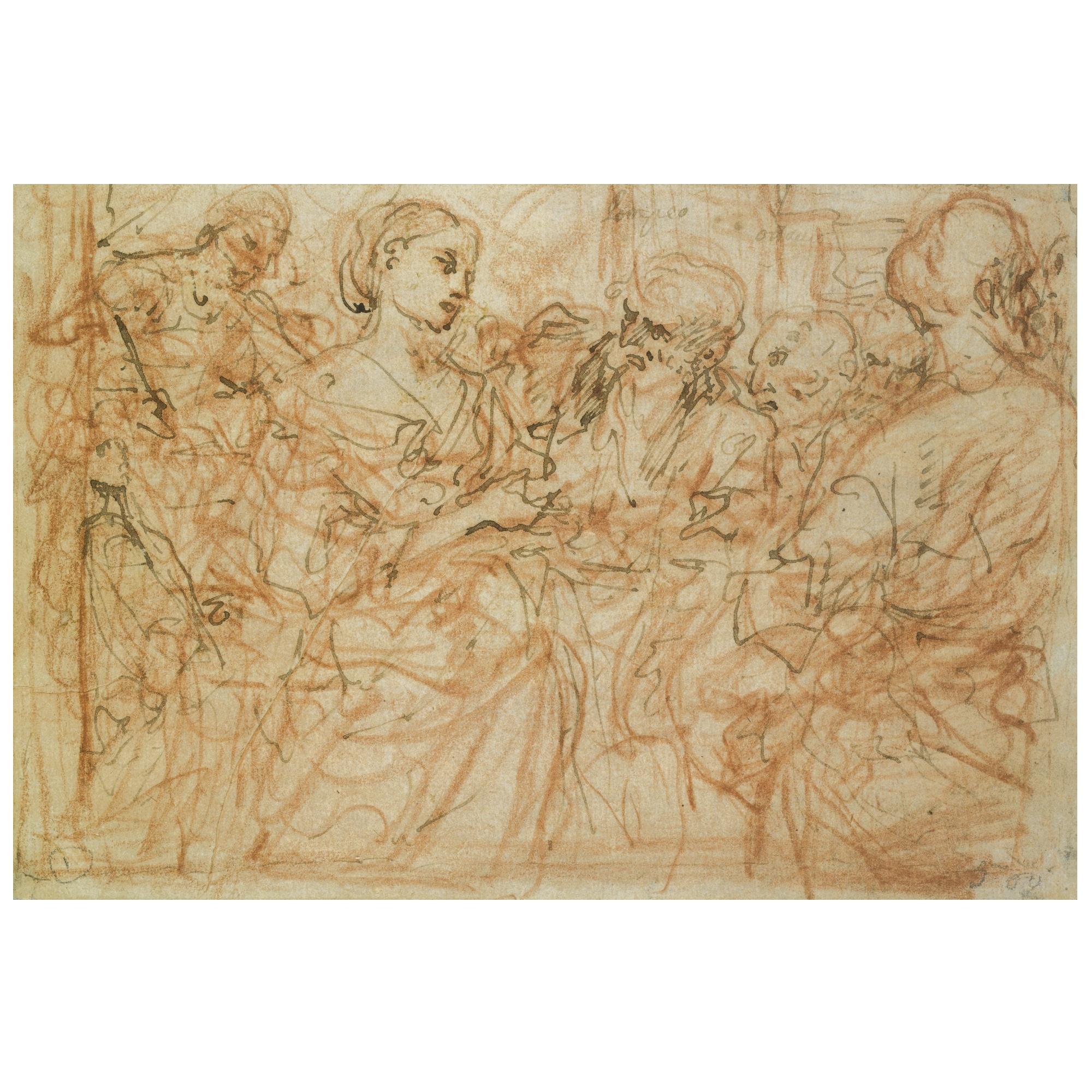 Daniele Crespi - Saint Catherine Of Alexandria Disputing With The Philosophers, Emperor Maxentius Enthroned Behind