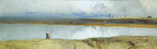 Dante Ricci - Paesaggio del Tevere con pescatore