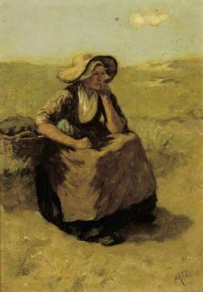 David Adolph Constant Artz - A pensive fisherwoman in the dunes