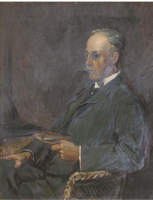 David Alison, R.S.A., R.P. - Portrait of John Nairn (1853-1928), Seated Half-Length, In A Wicker Chair, Holding A Book
