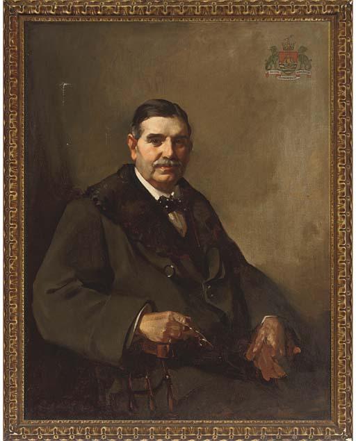 David Alison - Portrait of Sir William Hannay, three-quarter-length, seated in a coat with fur collar, holding gloves in his left hand, glasses in his right, a coat-of-arms in the top right corner