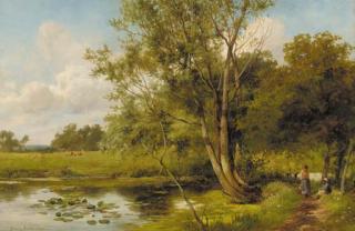 David Bates - Figures by a pond, near Worcester