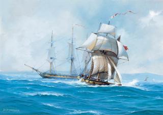 David Brackman - A Frigate And A Naval Brig In Close Quarters In The Channel