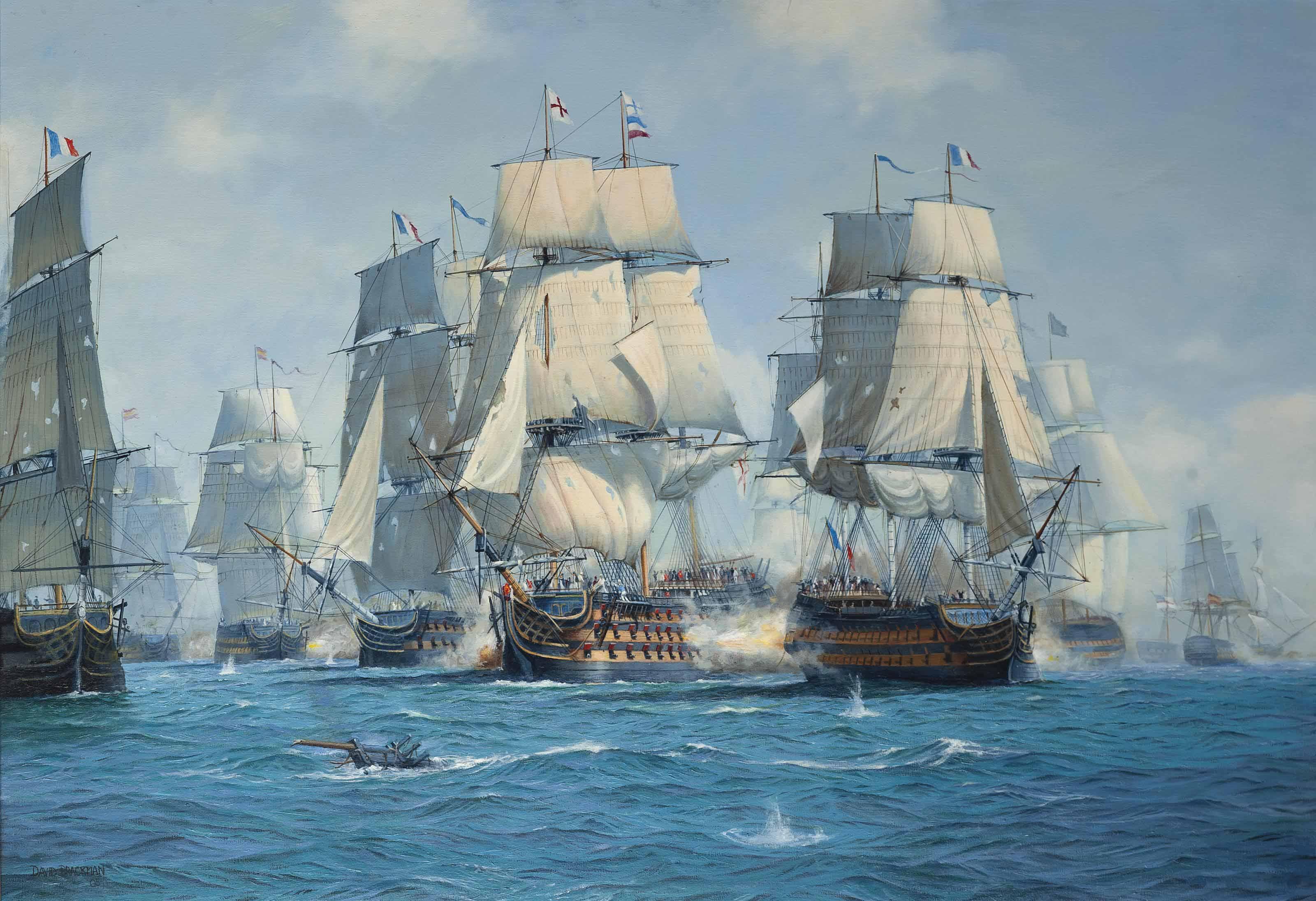 David Brackman - H.M.S.  Victory , a bow view, breaking the enemy line at the Battle of Trafalgar, 21 October 1805