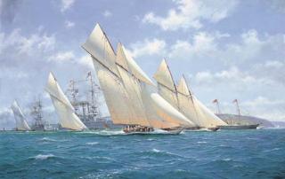 David Brackman - Westward and Lamorna racing at Cowes, 1910, with the Royal Yacht Victoria and Albert (III) at anchor beyond and guardships in attendance