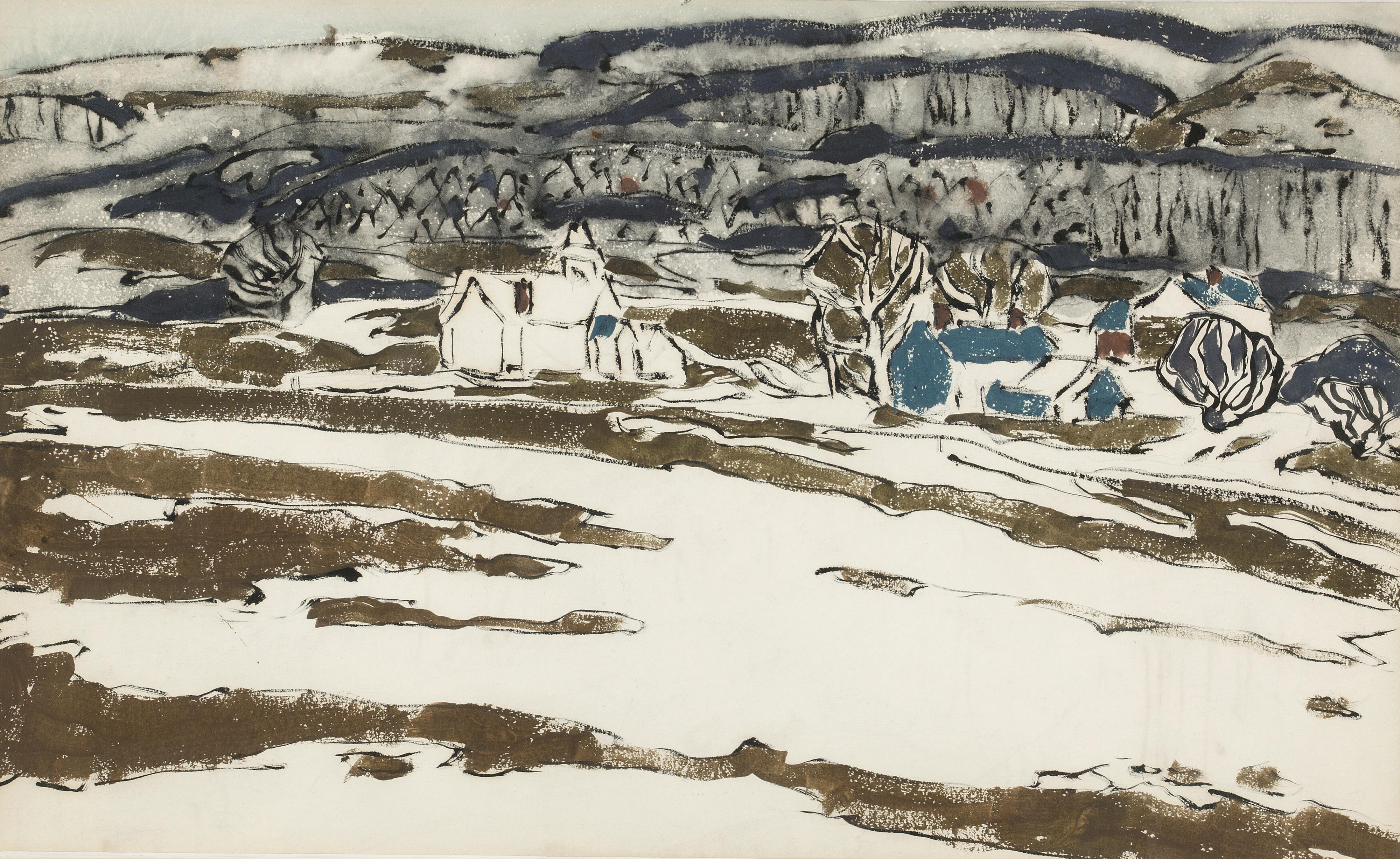 David Brown Milne - A Double-Sided Work: Blue Hill (Recto) And Two Houses With Hill In Gray Wash (Verso)
