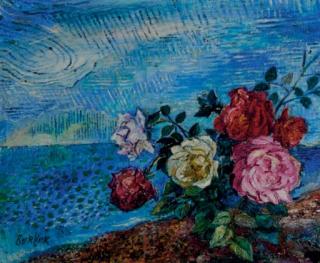 David Burliuk - Still life of roses by the ocean