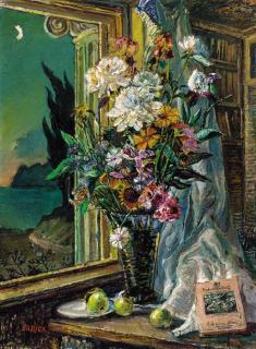 David Burliuk - Still Life with Flowers, Shells and Print; Still Life with Flowers, Fruit and Books:  Two works