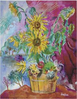 David Burliuk - Still life with sunflowers against a landscape setting