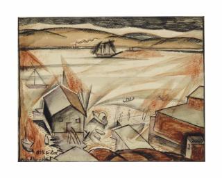 David Burliuk - Untitled (Town Harbor)