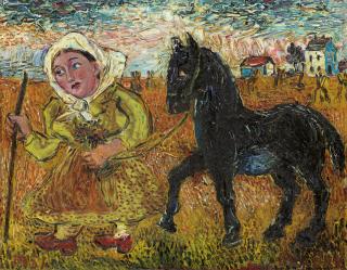 David Burliuk - Woman in Yellow Dress with Black Horse