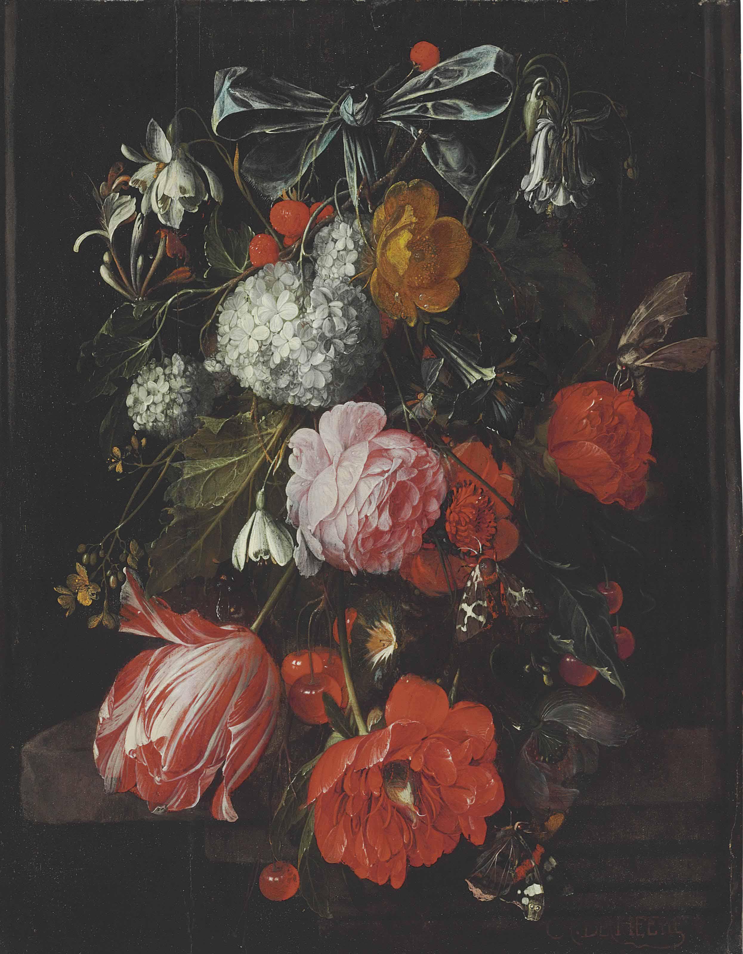 David Cornelisz. De Heem - A Garland Of Roses, Poppies, A Tulip, Morning Glories, Honeysuckle, Columbine, A Guilder Rose (Snowball), Cherries, And Wild Strawberries Suspended From A Blue Ribbon Over A Stone Table With Four Moths