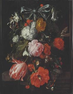 David Cornelisz. De Heem - A Garland Of Roses, Poppies, A Tulip, Morning Glories, Honeysuckle, Columbine, A Guilder Rose (Snowball), Cherries, And Wild Strawberries Suspended From A Blue Ribbon Over A Stone Table With Four Moths