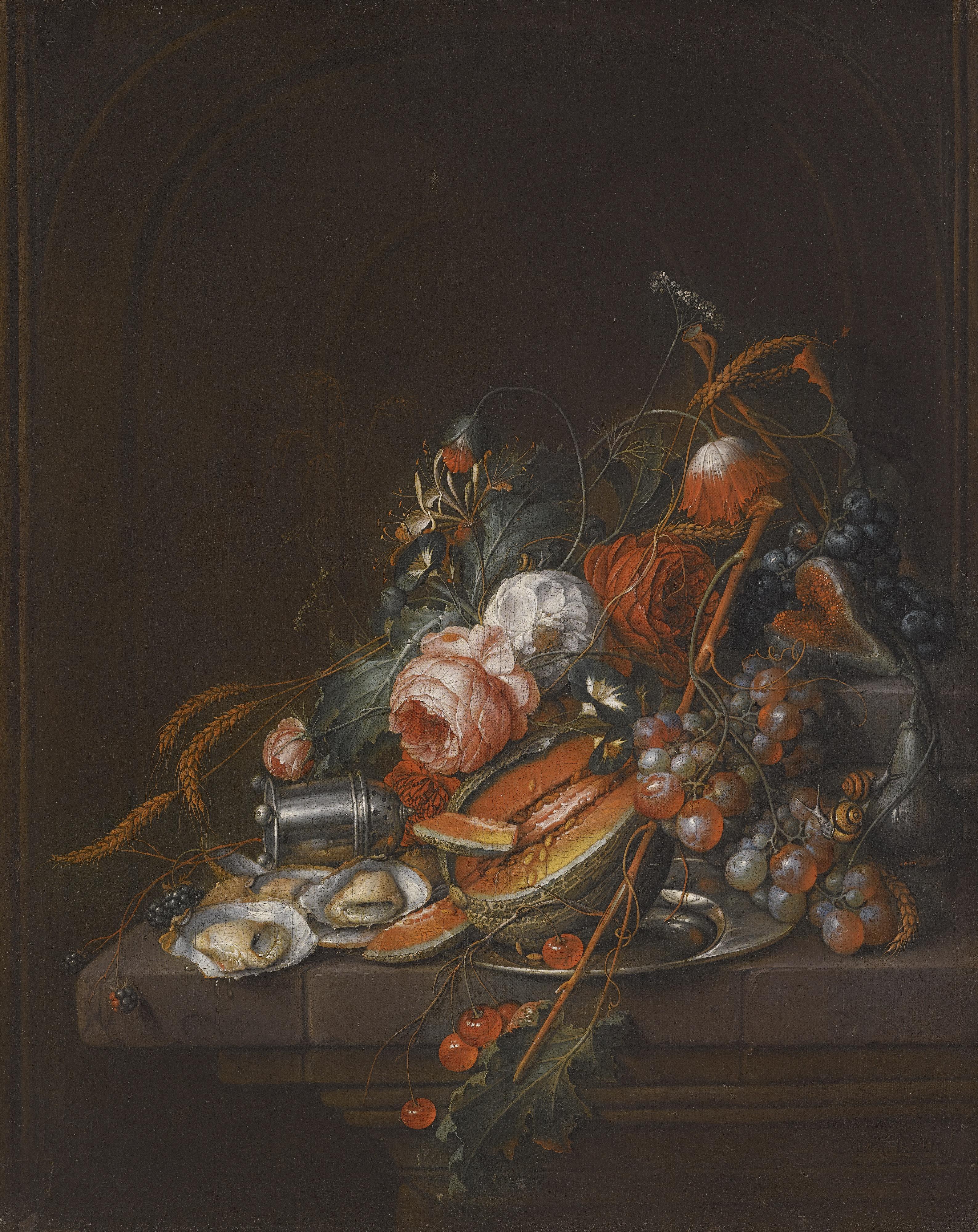 David Cornelisz. De Heem - A Still Life Of Oysters, Grapes, Cherries, Roses, Corn, Snails, A Melon And A Silver Sugar Shaker On A Stone Plinth