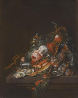 David Cornelisz. De Heem - A Still Life Of Oysters, Grapes, Cherries, Roses, Corn, Snails, A Melon And A Silver Sugar Shaker On A Stone Plinth