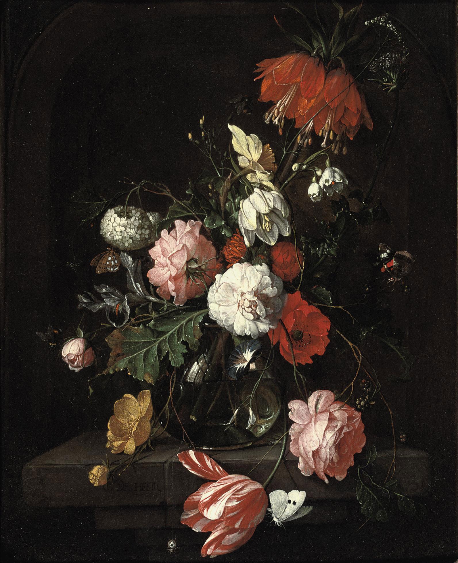 David Cornelisz. de Heem - A tulip, pink roses, a crown imperial lily and other flowers in a glass vase, all on a stone ledge, surrounded by butterflies