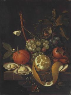 David Cornelisz. de Heem - Grapes, A Lemon, Oysters, A Chestnut, Blackberries And Other Citrus Fruits On A Stone Ledge With Butterflies, A Fly, A Bee And Ants
