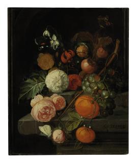 David Cornelisz. de Heem - Roses, lilies, grapes, oranges and horse chestnuts on a stone ledge with butterflies, ants and a bee