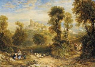 David Cox, Jun., A.R.W.S. - A shepherd driving his flock with travellers resting by the roadside, Denbigh Castle in the distance