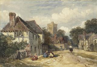 David Cox, Jun., A.R.W.S. - A Village Street With Figures And A Horseman, A Church Beyond