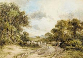 David Cox, Jun., A.R.W.S. - Figures picking berries from a hedgerow