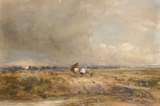 David Cox, R.W.S. - Figures On A Track On A Windy Day, Cattle Beyond