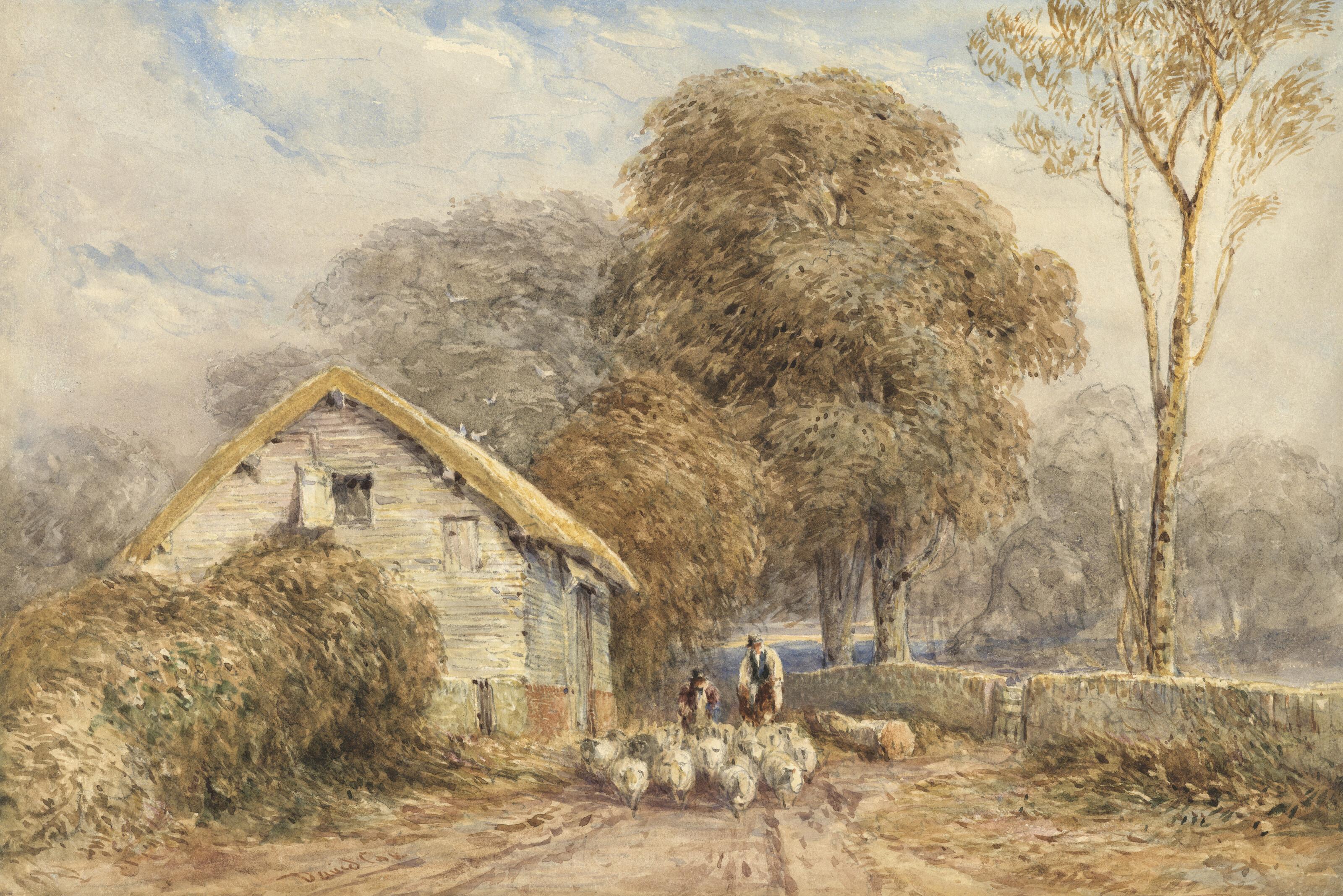 David Cox, Sen., O.W.S. - A traveller on horseback, with a shepherd and his sheep, by a barn, on a country road