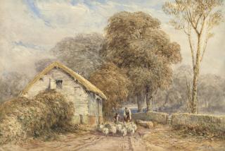 David Cox, Sen., O.W.S. - A traveller on horseback, with a shepherd and his sheep, by a barn, on a country road