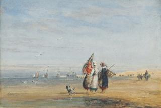 David Cox, Sen., O.W.S. - Calais beach with shrimpers and a dog