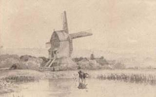 David Cox, Sen., O.W.S. - Cattle watering by a windmill on Dulwich Common