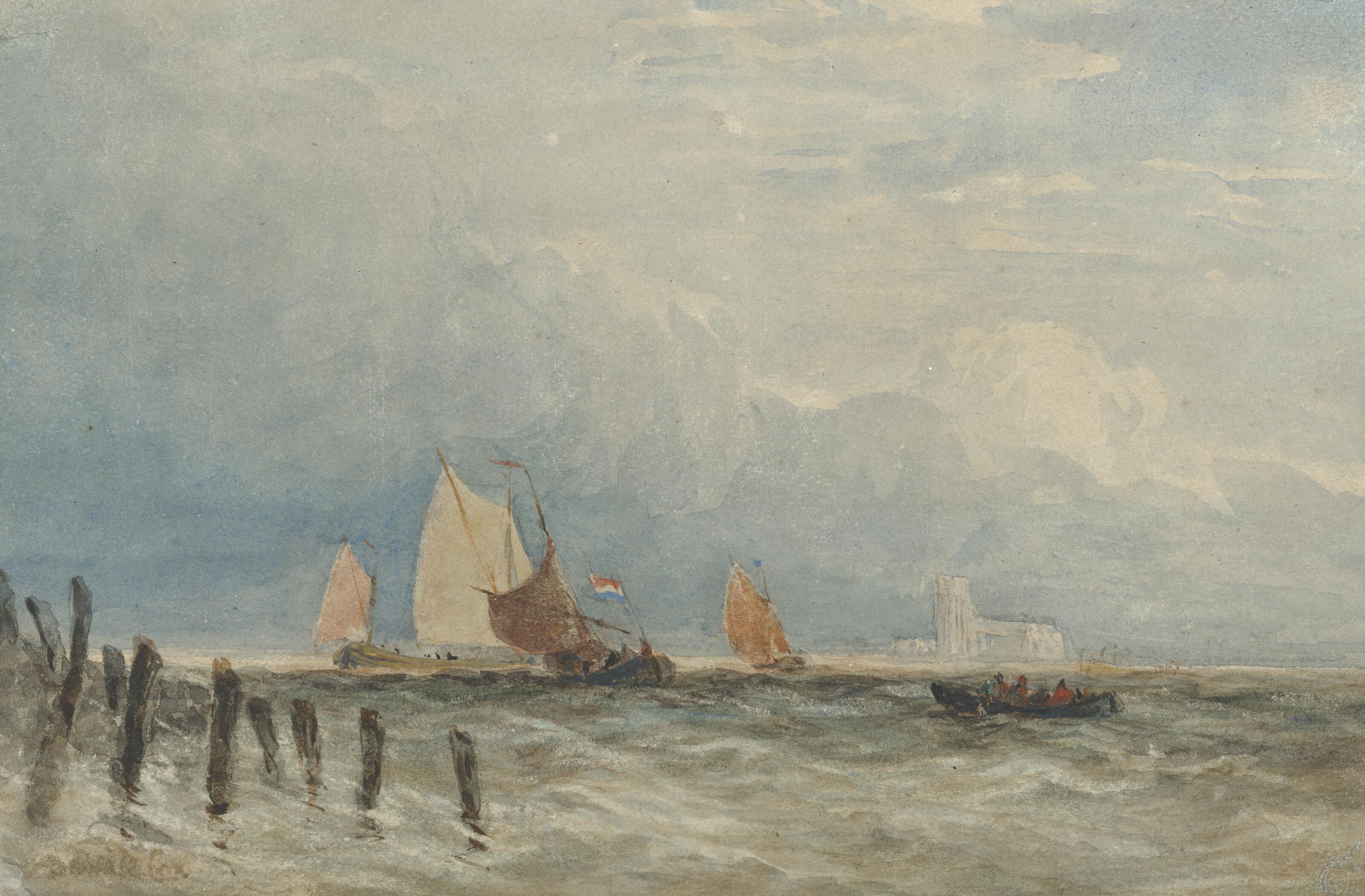 David Cox, Sen. O.W.S. - Dutch fishing smacks off the coast, with Grote Kerk, Dordrecht in the distance