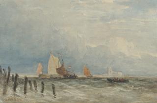David Cox, Sen. O.W.S. - Dutch fishing smacks off the coast, with Grote Kerk, Dordrecht in the distance