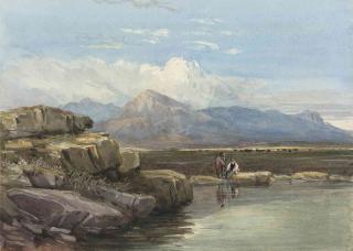 David Cox, Sen., O.W.S. - Figures by a rocky pool, Snowdon beyond, North Wales