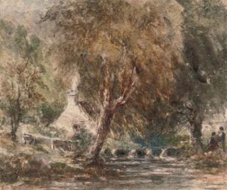 David Cox, Sen., O.W.S. - Figures on the banks of a river in a wooded landscape