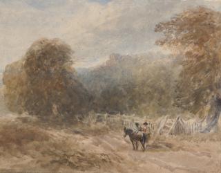 David Cox, Sen., O.W.S. - Figures with a pony beside a fence, a castle beyond (recto); and A study of trees (verso)