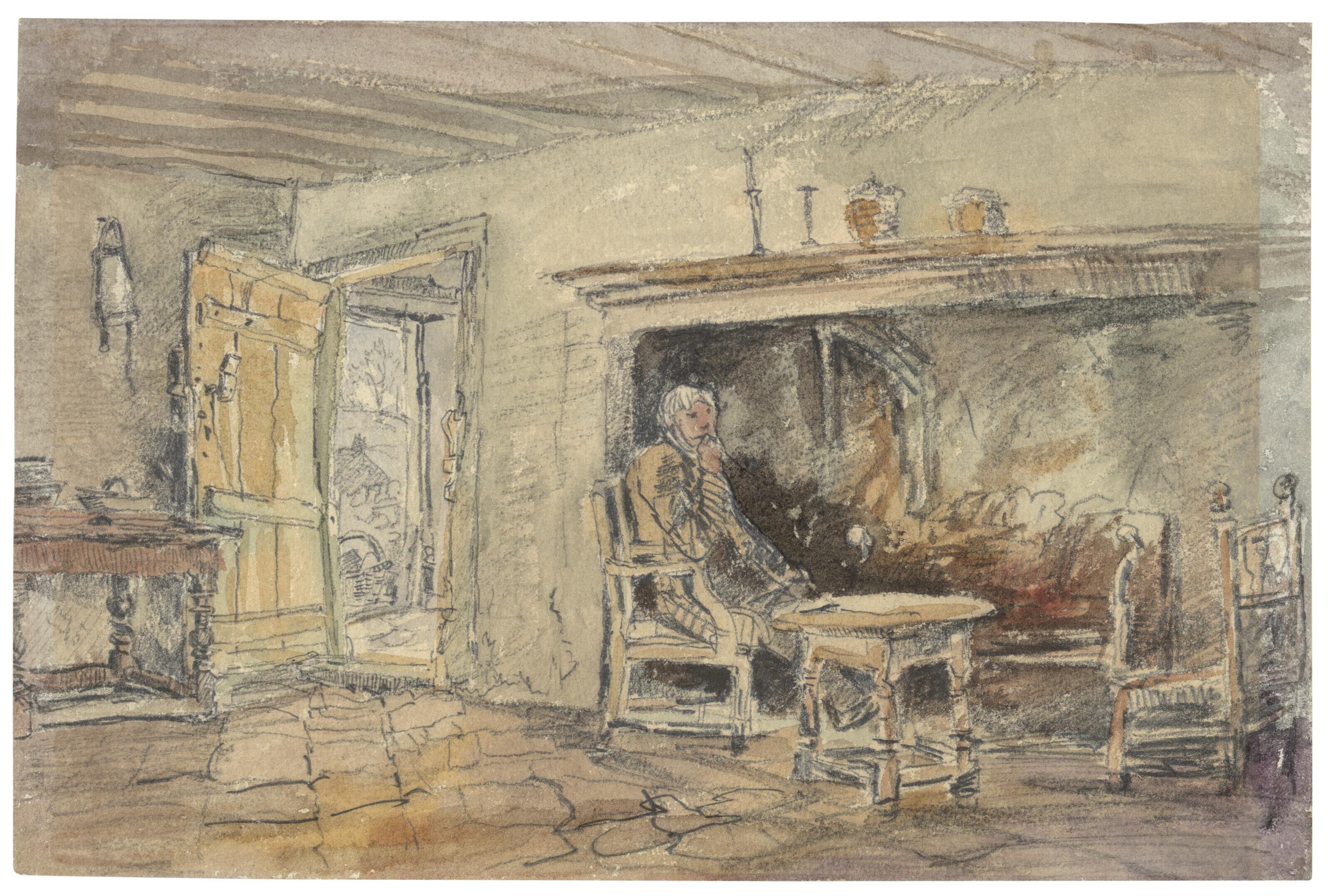 David Cox Sen., O.W.S. - Interior of a Welsh parlour with a man seated by a fireplace