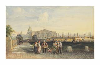 David Cox, Sen., O.W.S. - L’Assemblée Nationale with Les Invalides beyond, Paris, with a group around a street entertainer with his monkey in hat and red coat, holding a bow
