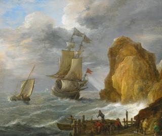 David d.J. Teniers - Segler vor felsiger Küste. Vorn am Ufer geschäftiges Treiben.