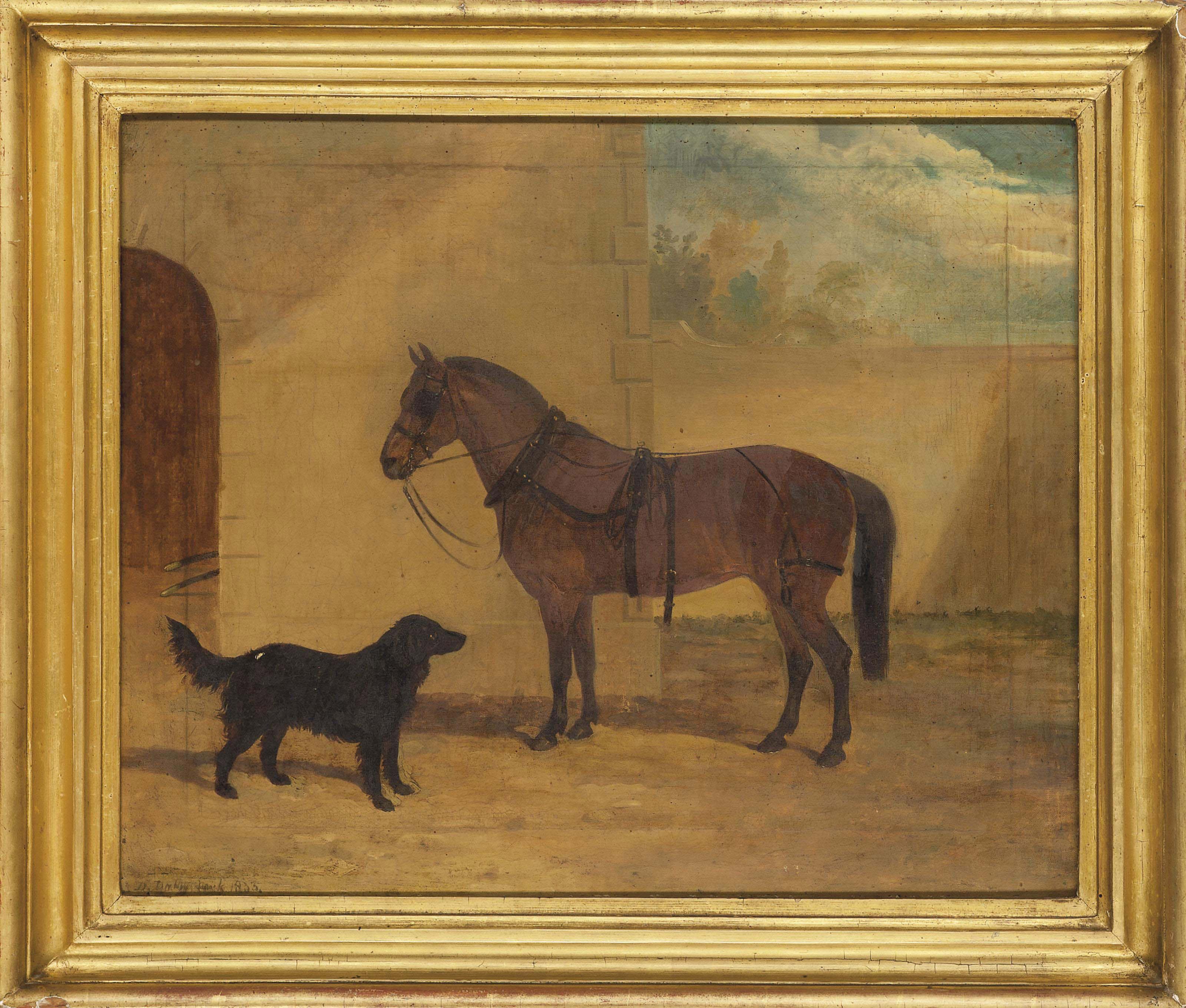 David Dalby of York - A saddled chestnut hunter and black dog in courtyard