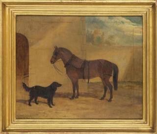 David Dalby of York - A saddled chestnut hunter and black dog in courtyard