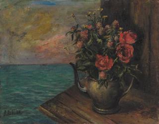 David Davidovich Burliuk - Still Life With Flowers In A Teapot By The Water