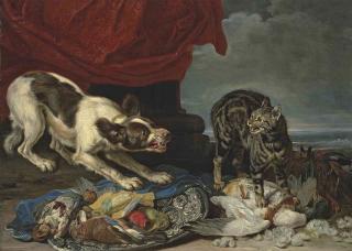 David de Coninck - A cat and a dog fighting over fowl, a column with draped curtain and coastal landscape beyond
