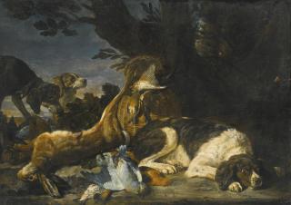 David De Coninck - A Hare And Game Birds With Three Dogs, A Landscape Beyond
