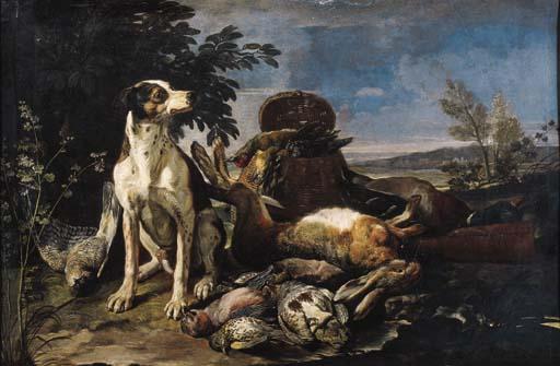 David De Coninck - A hound guarding dead game at the edge of a wood