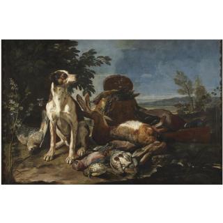 David de Coninck - A Hunting Still Life With A Hound Seated Beside Dead Game, An Extensive Landscape Beyond