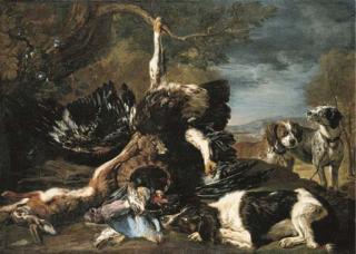 David de Coninck - A spaniel, an eagle, a hare and a wicker basket with a jay, finches and other birds overlooked by two hounds, a mountainous landscape beyond