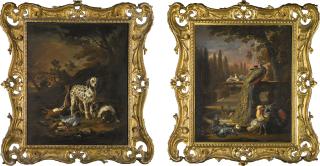 David de Coninck - Hounds In A Wooded Landscape, Game On The Floor Around Them; A Peacock And Other Fowl Around A Fountain