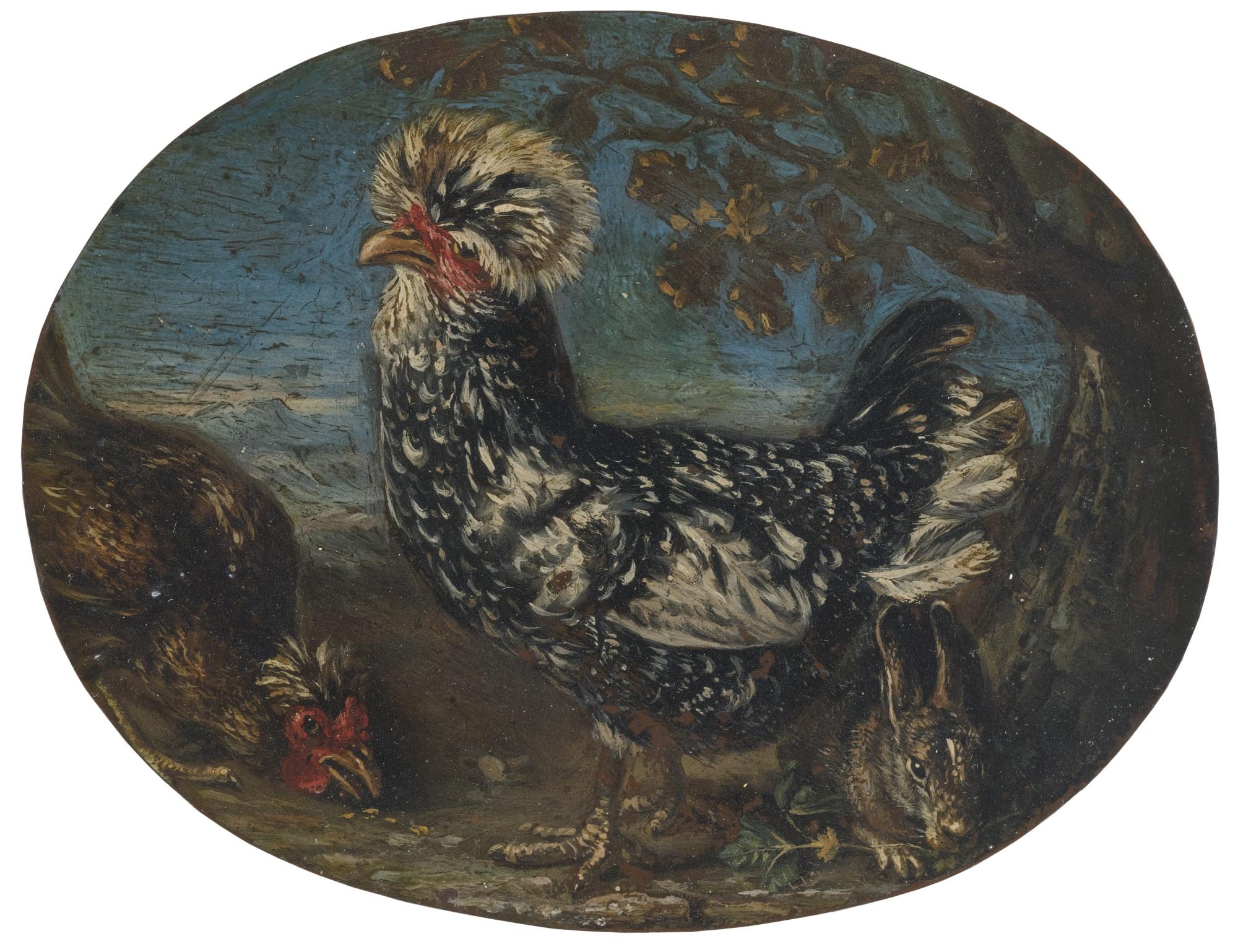 David de Coninck - Roosters And A Rabbit In A Landscape